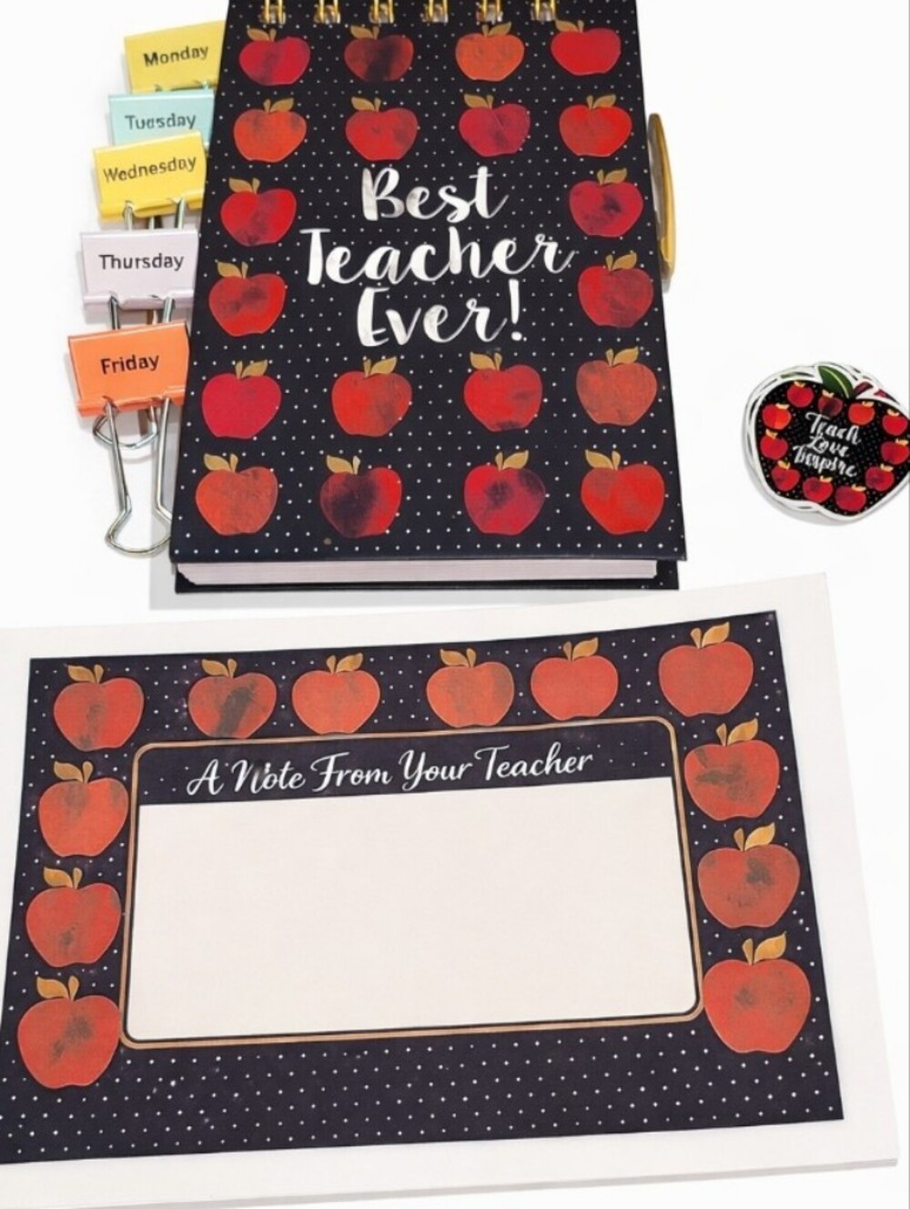 Best Teacher Ever Spiral Notebook - Black with Red Apple Design